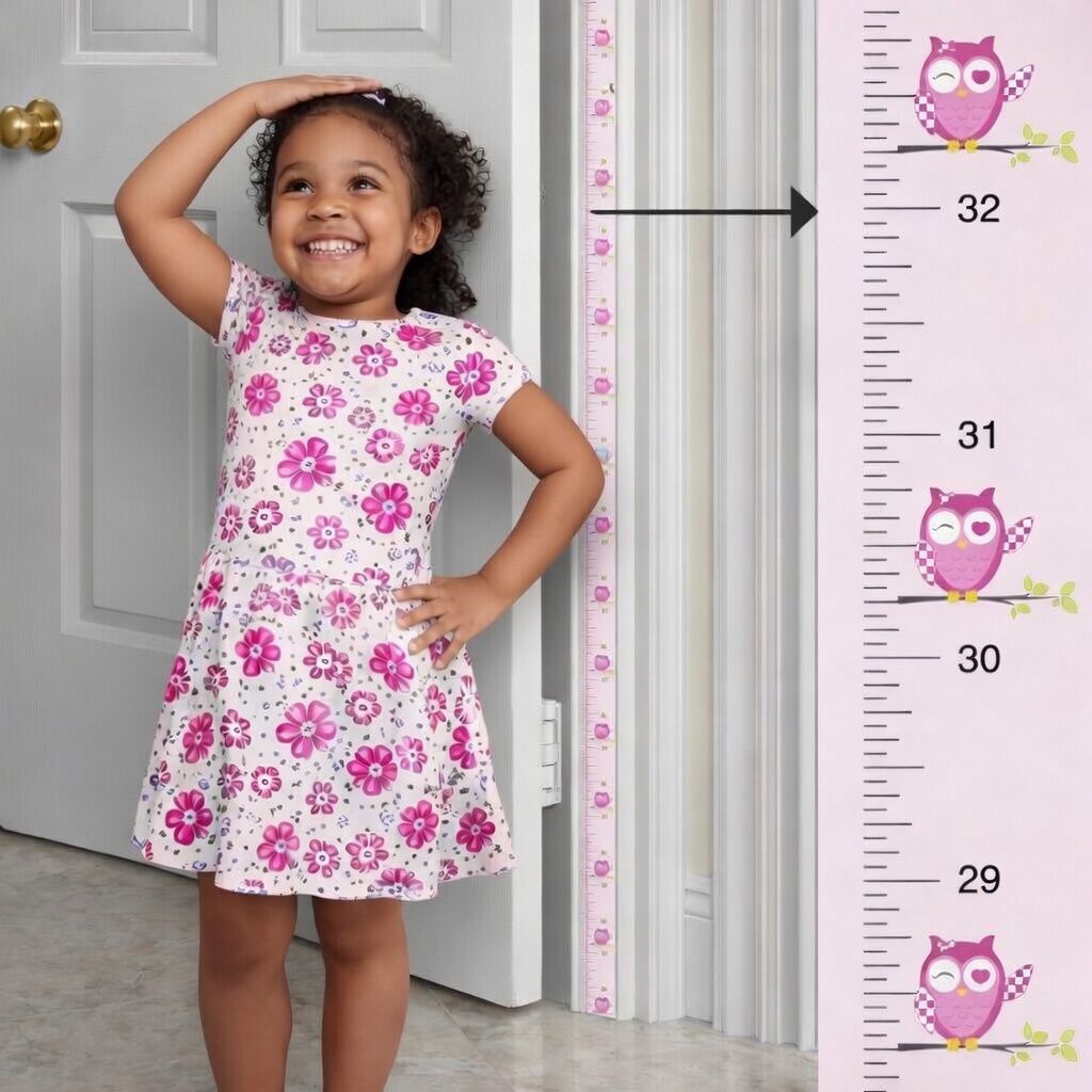 Girl in pink dress next to growth chart